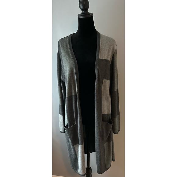 J. Jill Women’s Petite large gray Open Front Cardigan Sweater Color Block - Picture 1 of 5